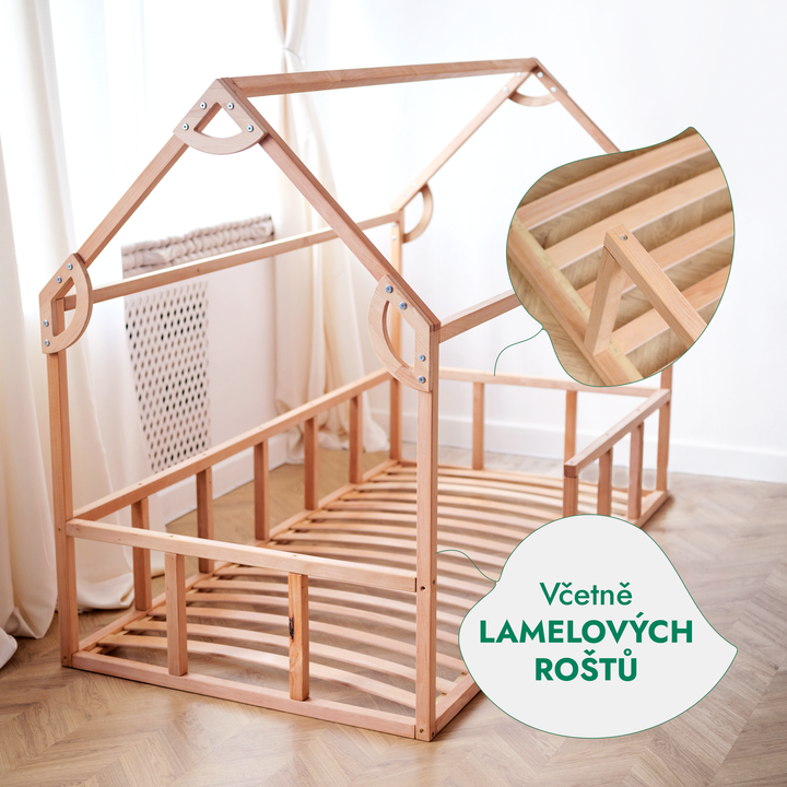 Montessori domečková postel pro děti s ohrádkou