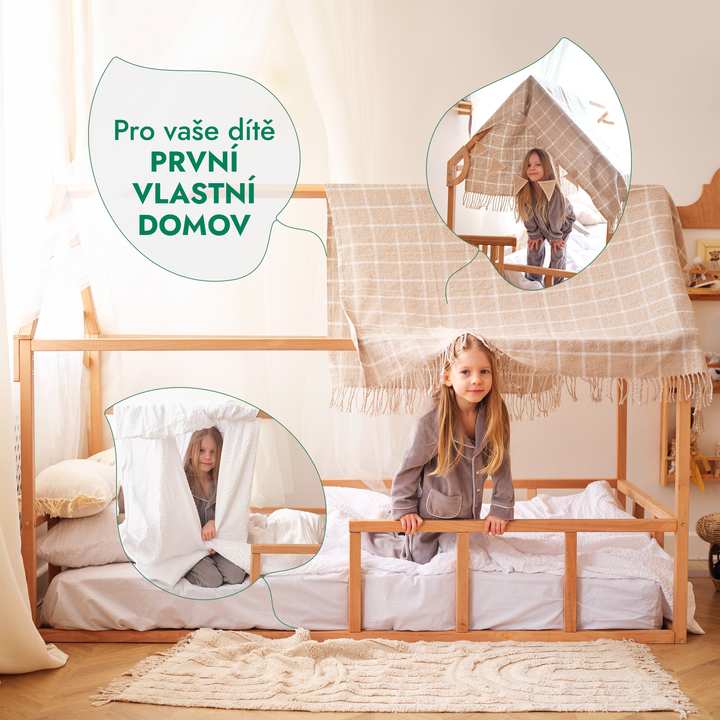 Montessori domečková postel pro děti s ohrádkou