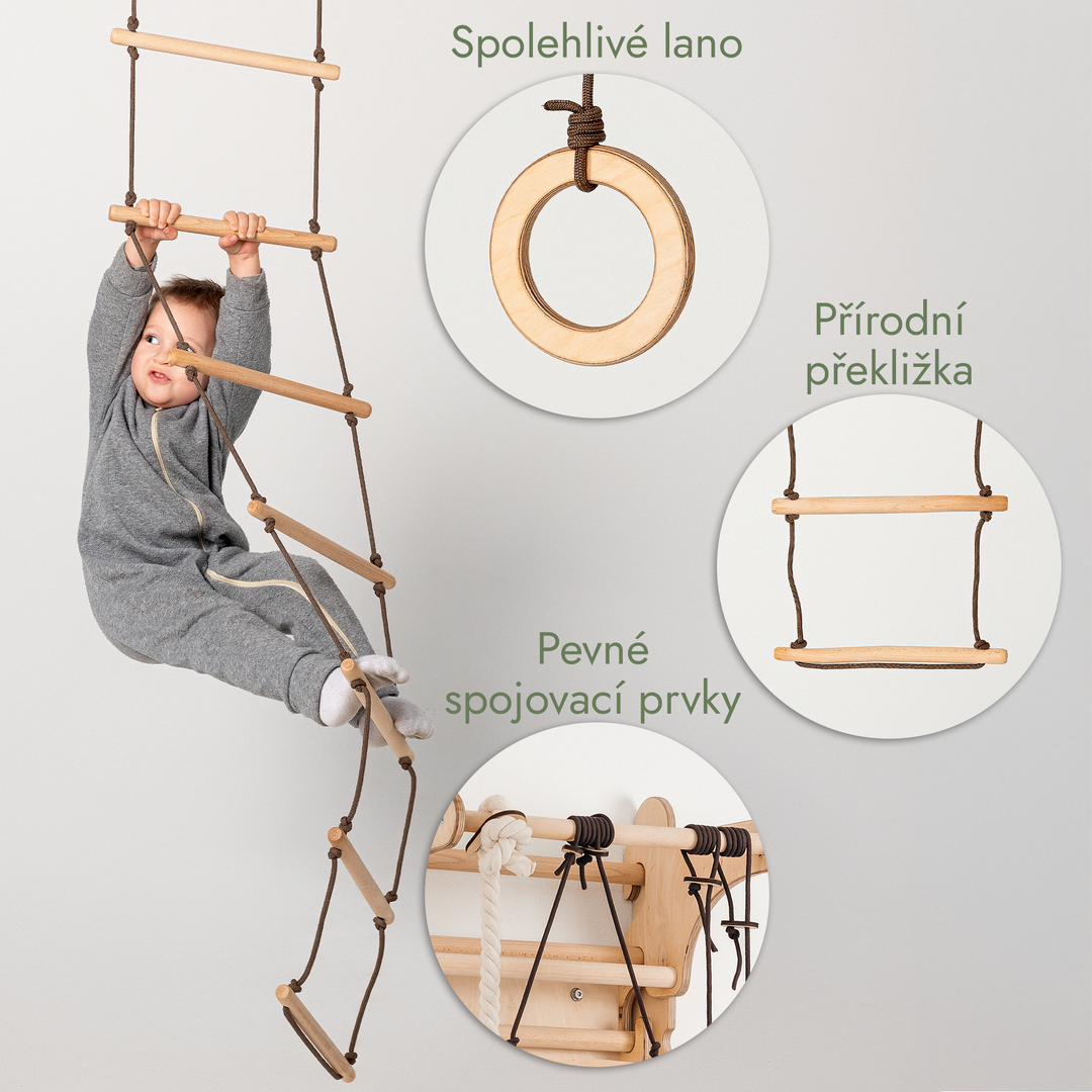 Houpačka a sada na šplhání 3v1: Provazový žebřík, Gymnastické kruhy a houpací disk