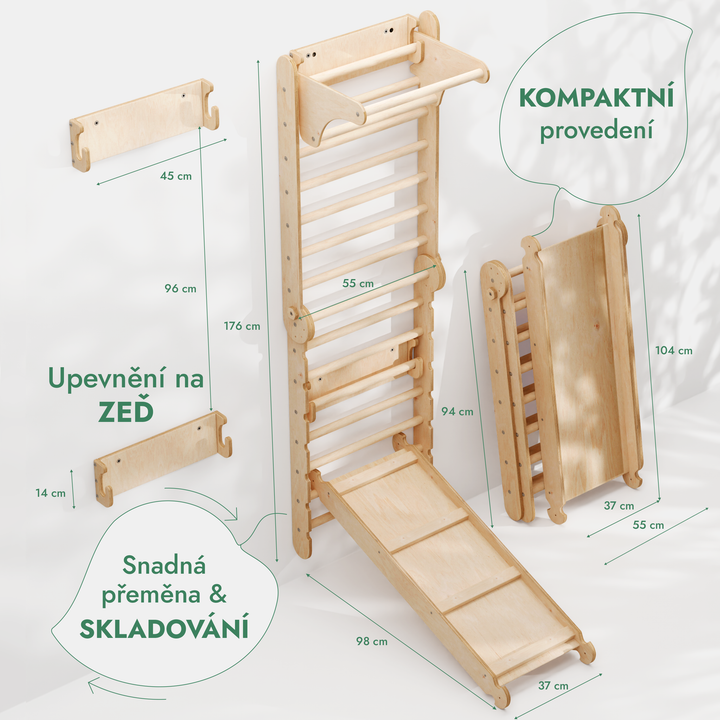 Dřevěná žebřina pro dítě 6v1: Piklerové Trojúhelník + Posilovací Sada + Skluzavka