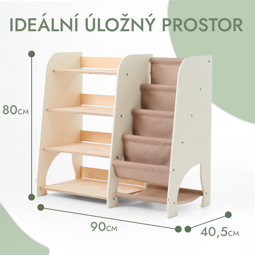 Dřevěné police Montessori 2v1: Knihovnička a police na hračky