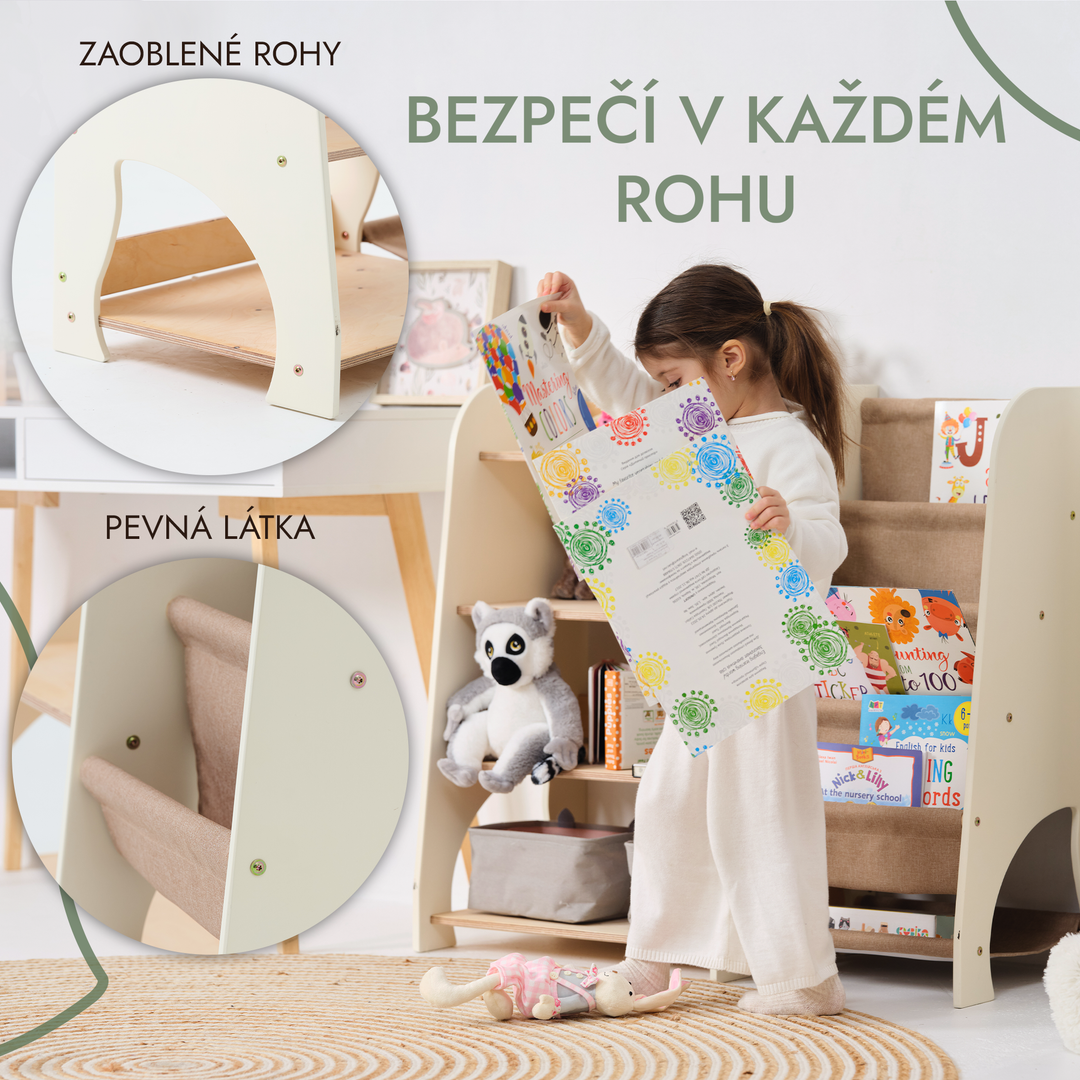 Dřevěné police Montessori 2v1: Knihovnička a police na hračky