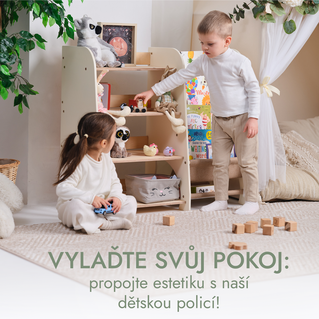 Dřevěné police Montessori 2v1: Knihovnička a police na hračky
