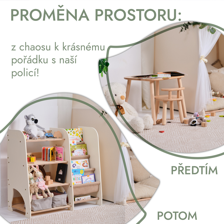 Dřevěné police Montessori 2v1: Knihovnička a police na hračky