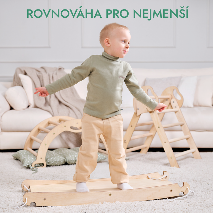 Lezecká sestava Montessori 4v1: Trojúhelník Piklerové + Lezecký oblouk + Skluzavka + Polštář (1-3 roky)