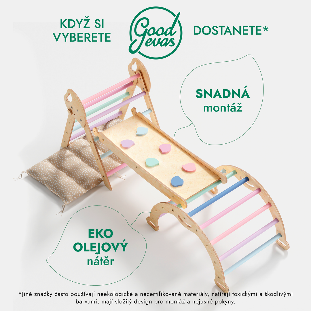 4v1 montessori lezecká sada: Piklerův trojúhelník, oblouk, skluzavka a polštář pro batolata (1–3 roky) – pastel