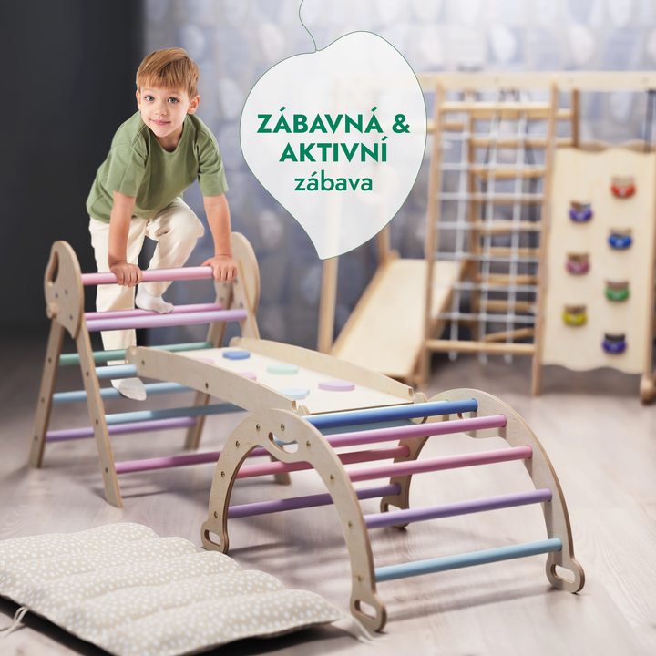 4v1 montessori lezecká sada: Piklerův trojúhelník, oblouk, skluzavka a polštář pro batolata (1–3 roky) – pastel
