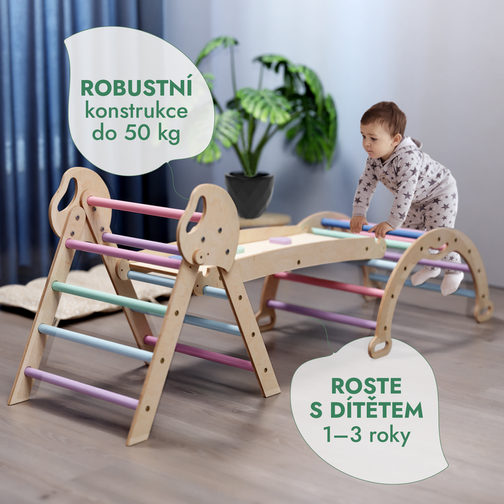 4v1 montessori lezecká sada: Piklerův trojúhelník, oblouk, skluzavka a polštář pro batolata (1–3 roky) – pastel