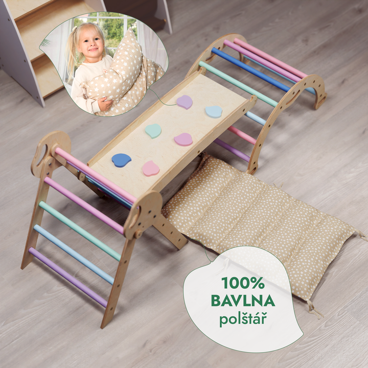 4v1 montessori lezecká sada: Piklerův trojúhelník, oblouk, skluzavka a polštář pro batolata (1–3 roky) – pastel