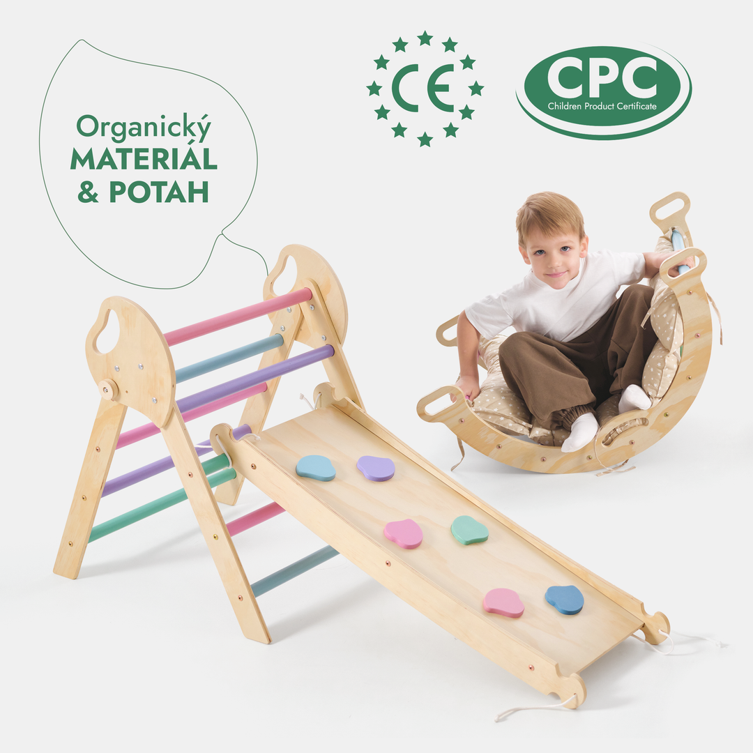 4v1 montessori lezecká sada: Piklerův trojúhelník, oblouk, skluzavka a polštář pro batolata (1–3 roky) – pastel