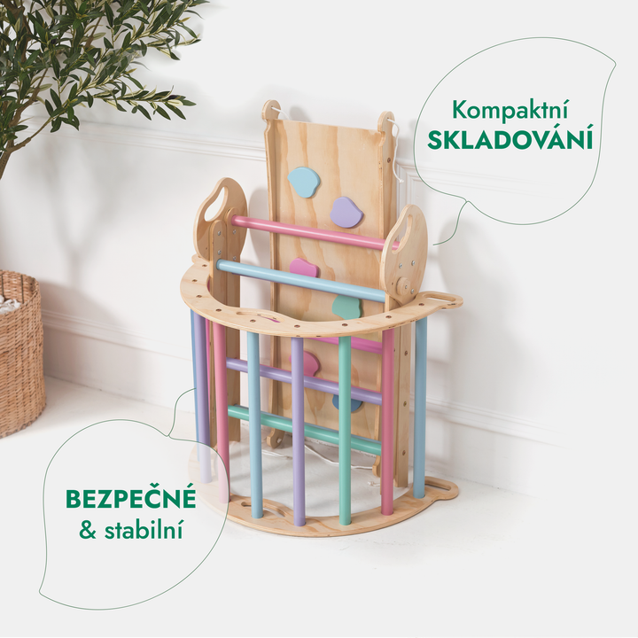 4v1 montessori lezecká sada: Piklerův trojúhelník, oblouk, skluzavka a polštář pro batolata (1–3 roky) – pastel