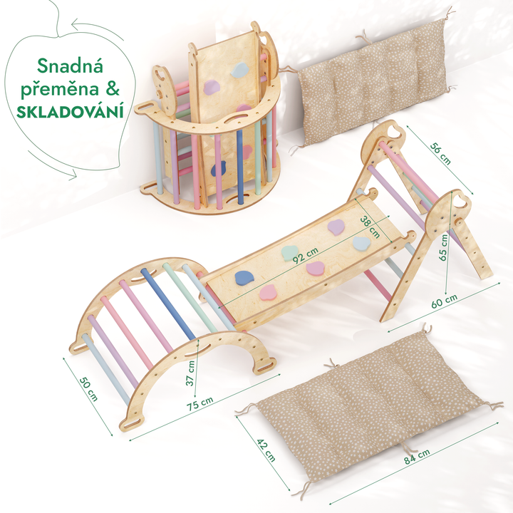 4v1 montessori lezecká sada: Piklerův trojúhelník, oblouk, skluzavka a polštář pro batolata (1–3 roky) – pastel