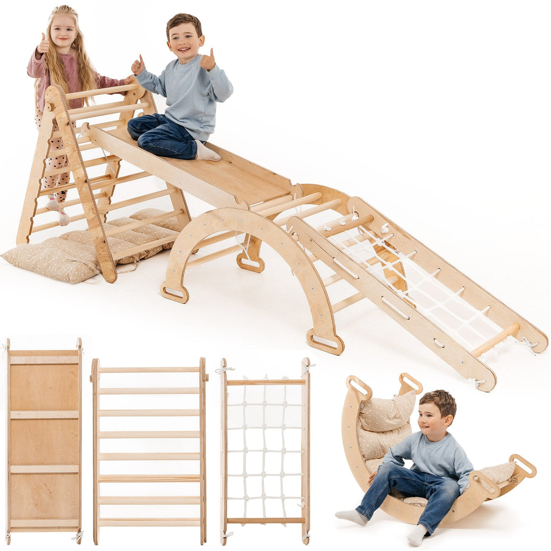 Lezecká sestava Montessori 5v1: Piklerové Trojúhelník + Lezecký oblouk / Houpačka + Skluzavka/Rampa + šplhací síť + Polštář
