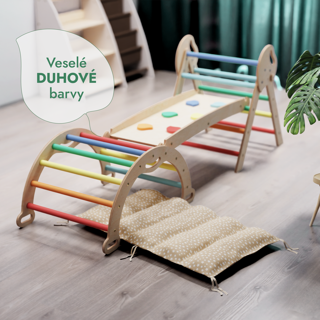 4v1 montessori lezecká sada: Piklerův trojúhelník, oblouk, skluzavka a polštář pro batolata (1–3 roky) - duha