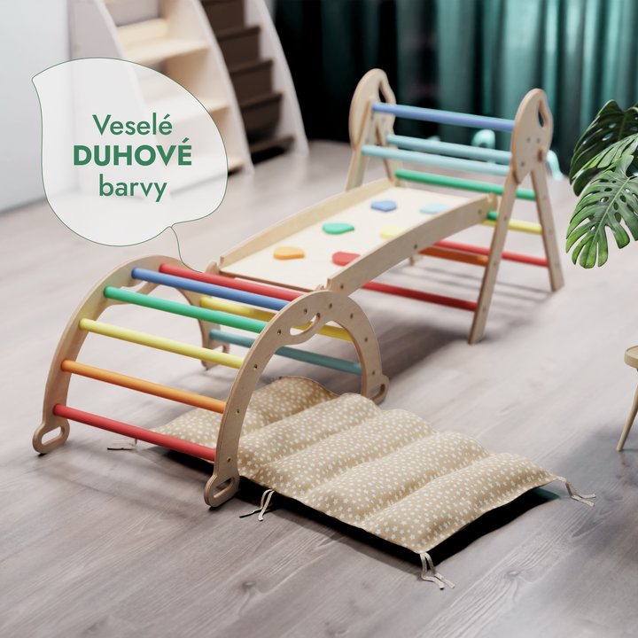 4v1 montessori lezecká sada: Piklerův trojúhelník, oblouk, skluzavka a polštář pro batolata (1–3 roky) - duha