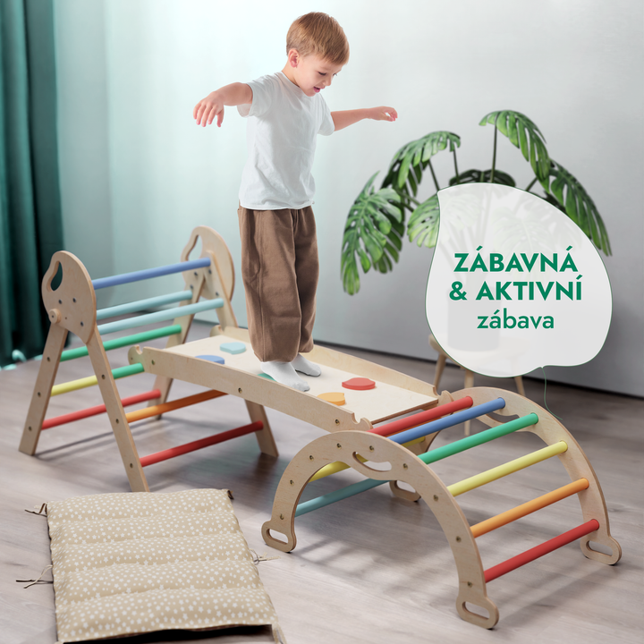 4v1 montessori lezecká sada: Piklerův trojúhelník, oblouk, skluzavka a polštář pro batolata (1–3 roky) - duha
